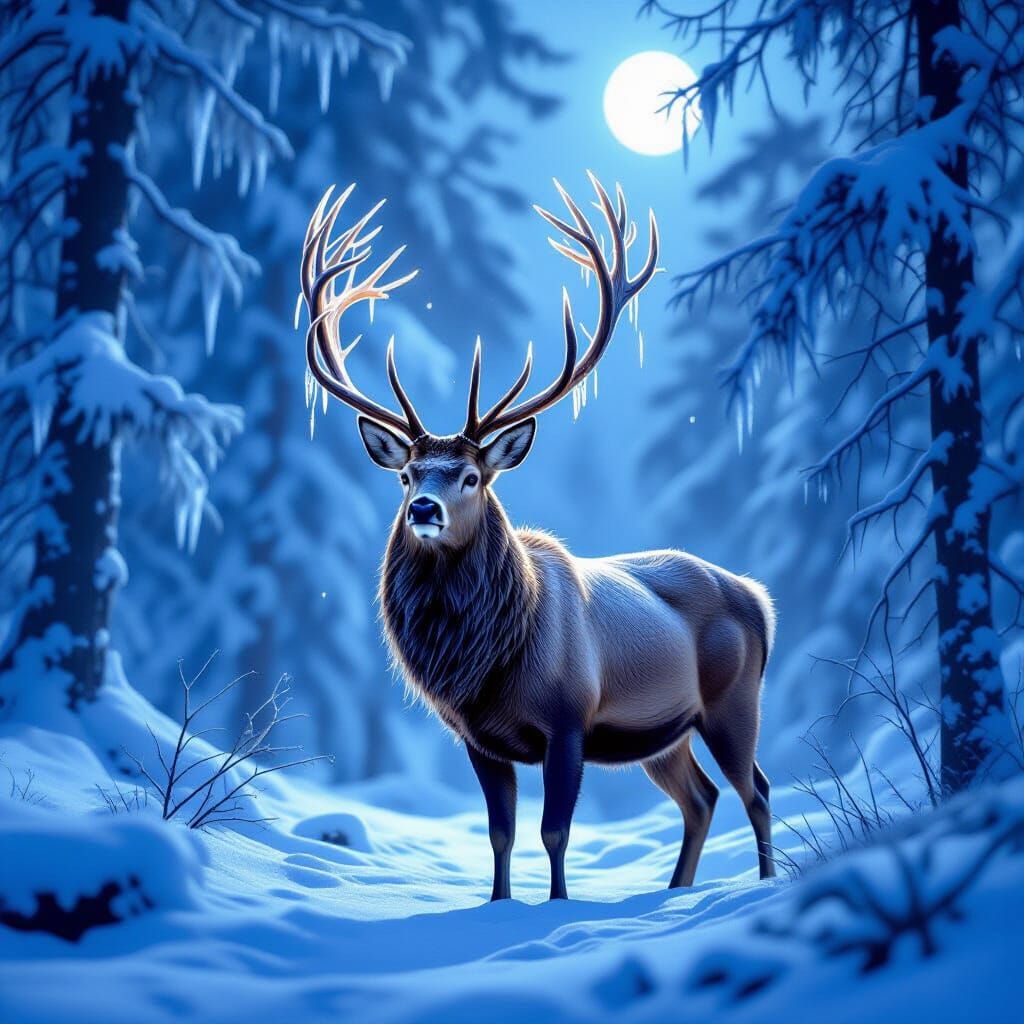 Majestic Frost-Covered Stag in Moonlit Forest