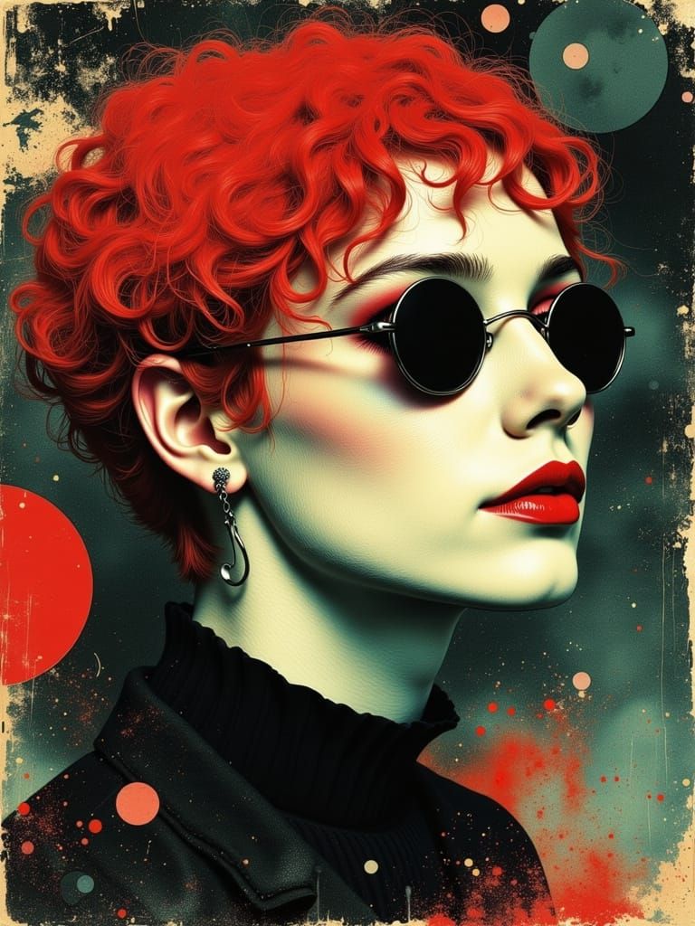 Surreal Dreamcore Woman with Red Hair, Watercolor Style