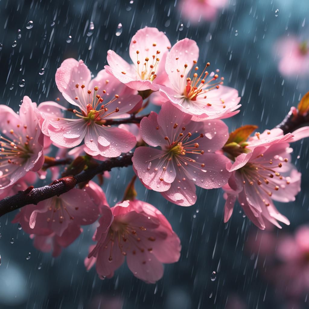 Cherry Blossom in Rain: Detailed Matte Painting