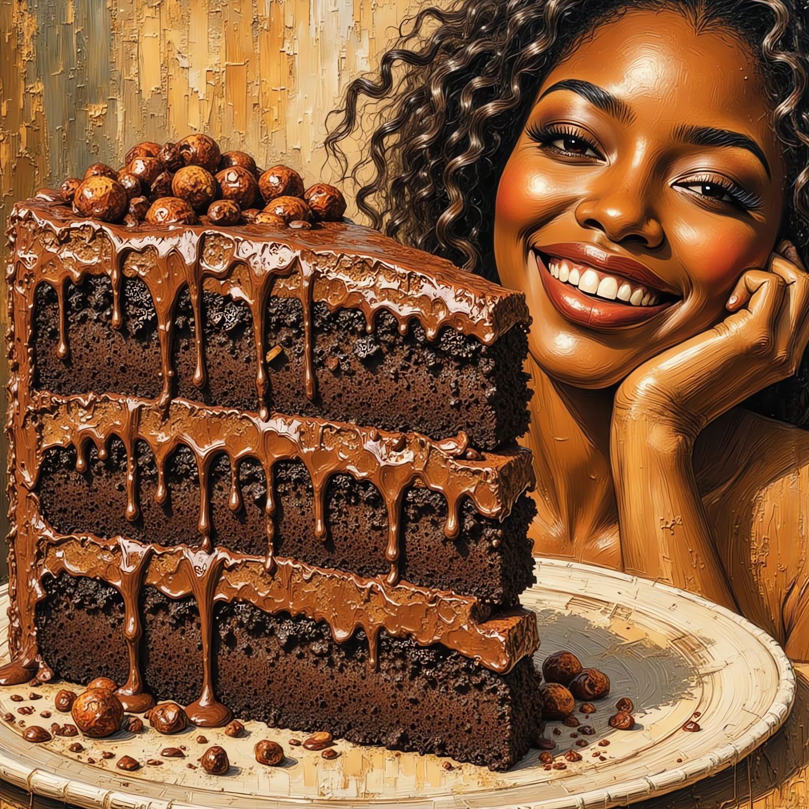 Impressionist Chocolate Cake with Delighted Woman