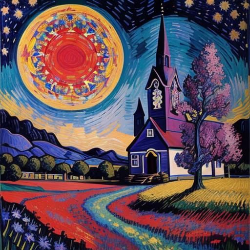 Church in Field of Flowers Under Starry Night as Van Gogh Pa...