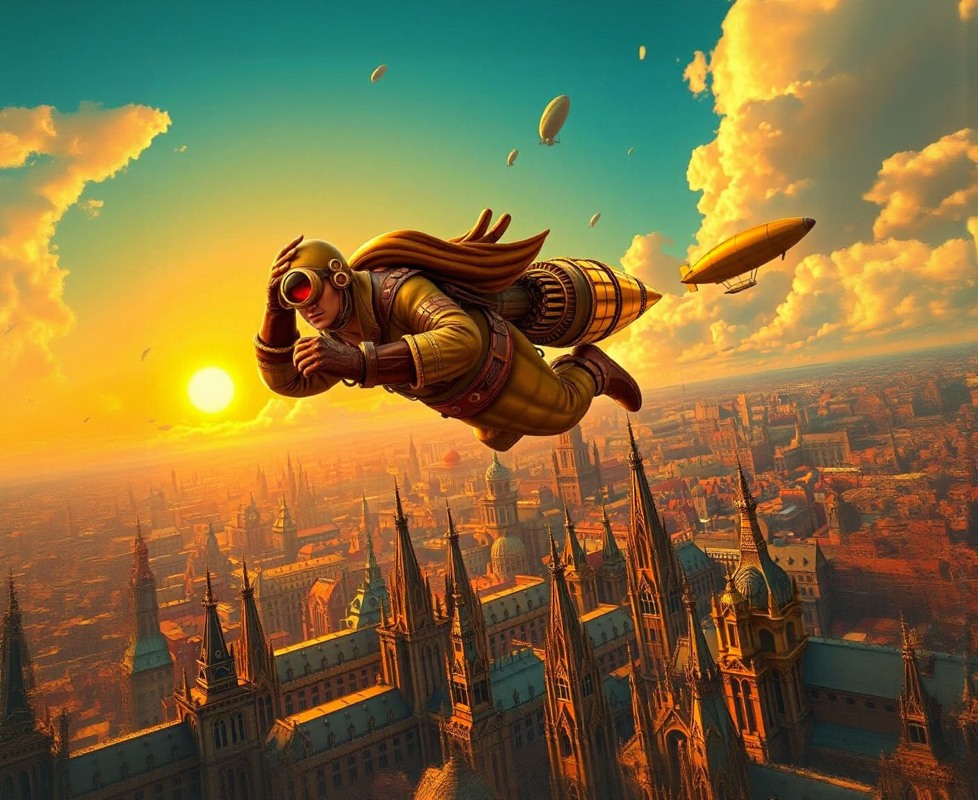 Steampunk Rocketeer Soaring Through Clockwork Sky