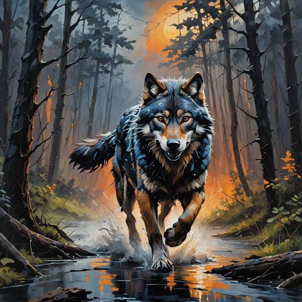 Wolf Running Through Forest in Oil Painting
