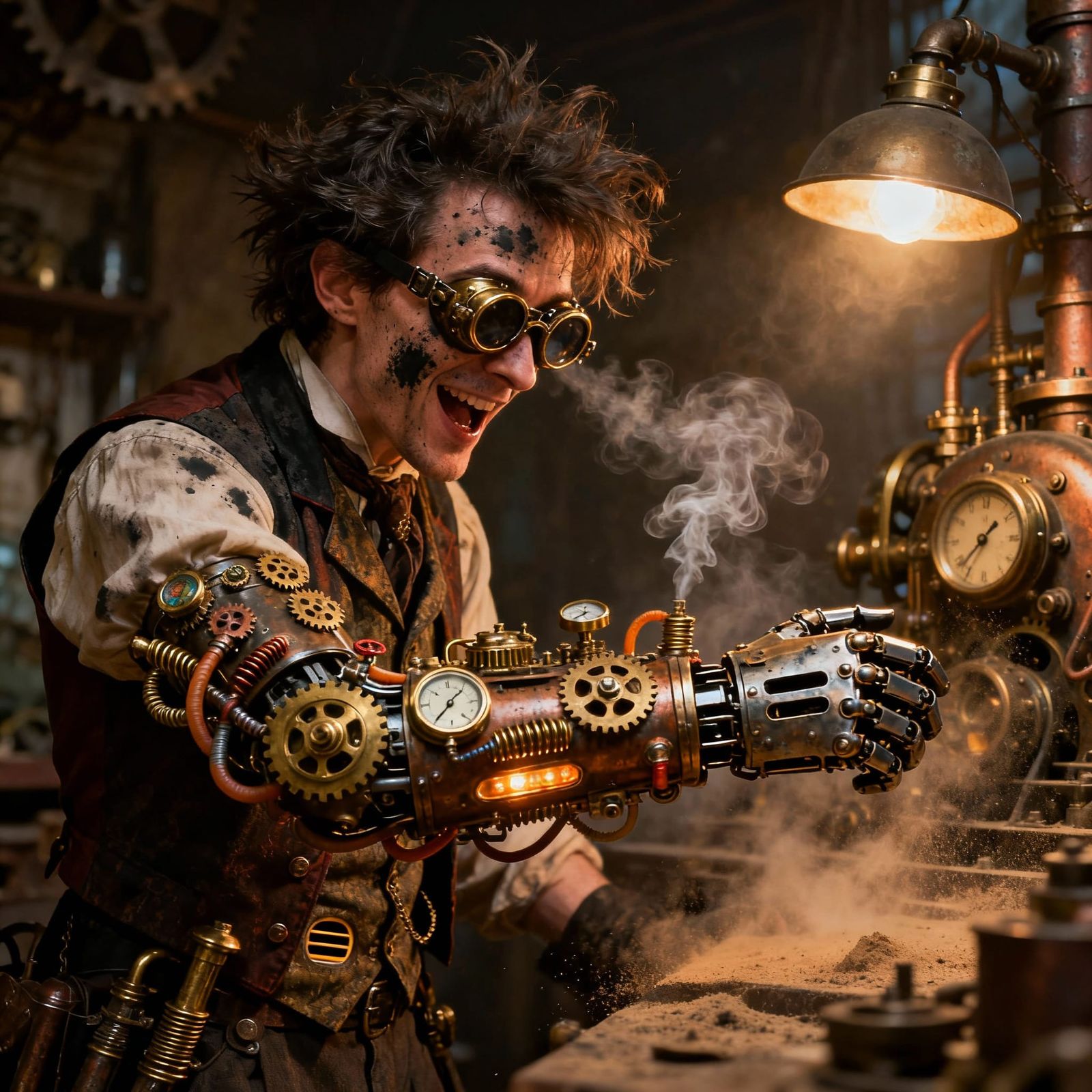 Victorian Inventor's Manic Delight with Mechanical Arm