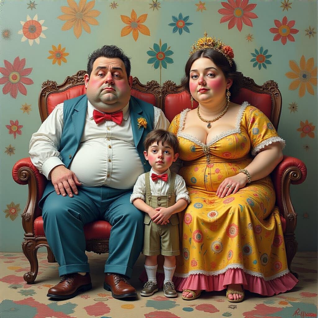 Satirical Family Portrait in Maximalist Impressionist Style