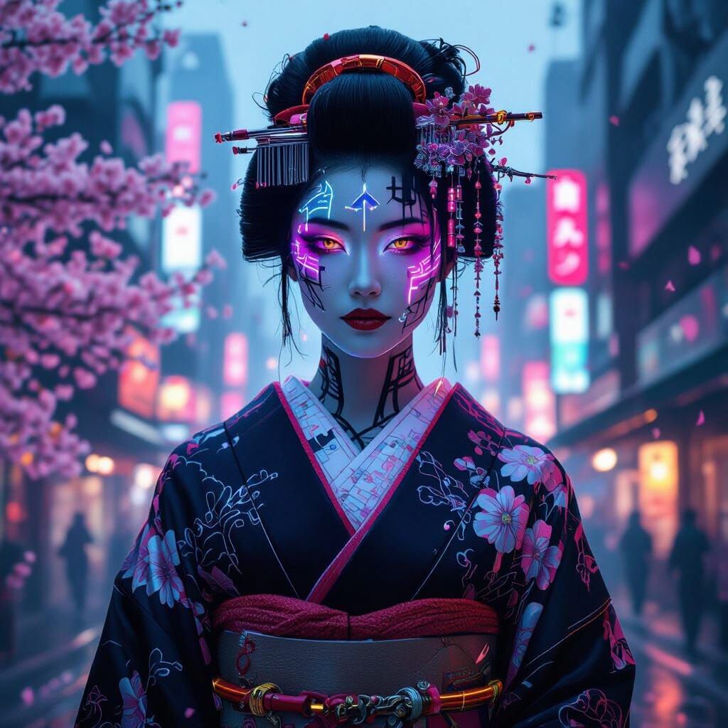 A captivating portrait of a cyberpunk geisha, her face adorn...
