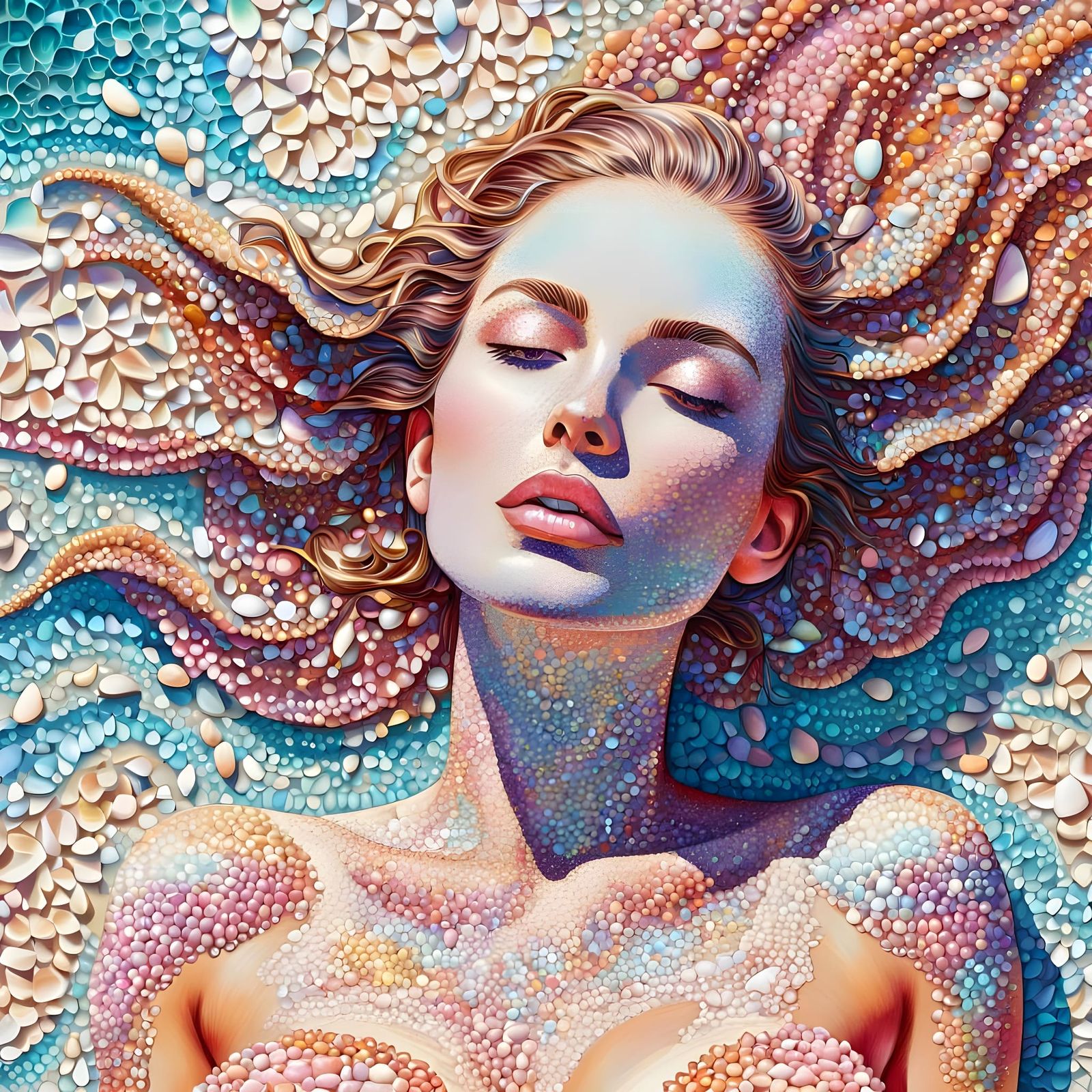 Goddess of the Shelly Shore in Vibrant Pointillism