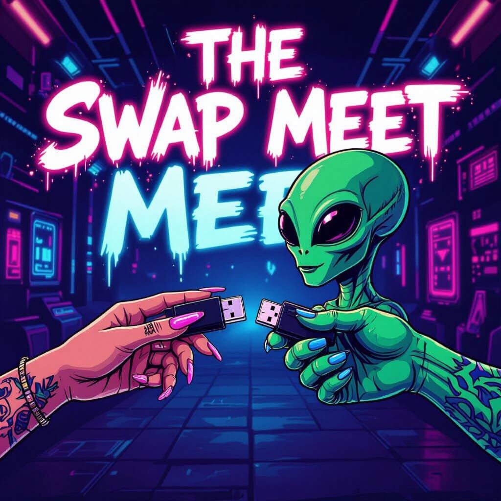 Futuristic Hands Swap USBs at Neon DJ Event