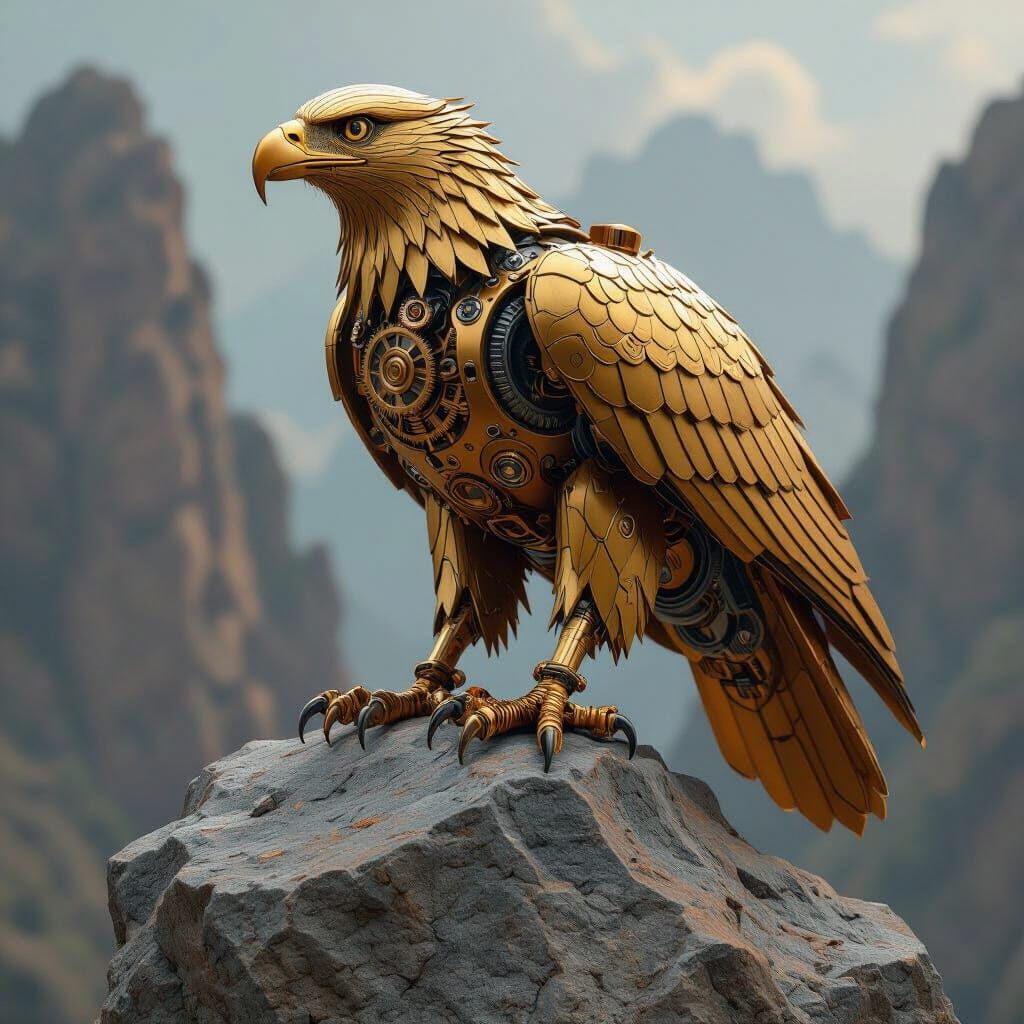 Mechanical Golden Eagle on Granite Rock