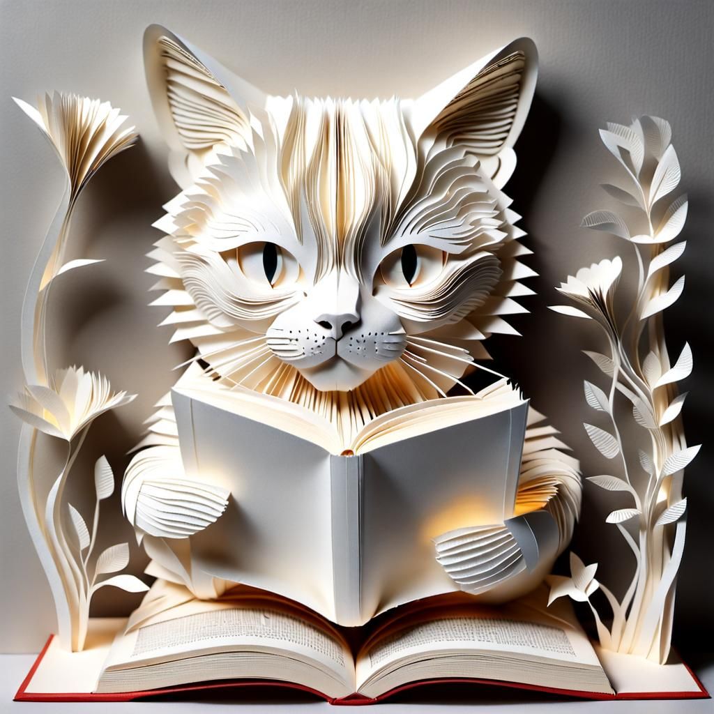 Cat Reading Book in 3D Paper Art Sculpture