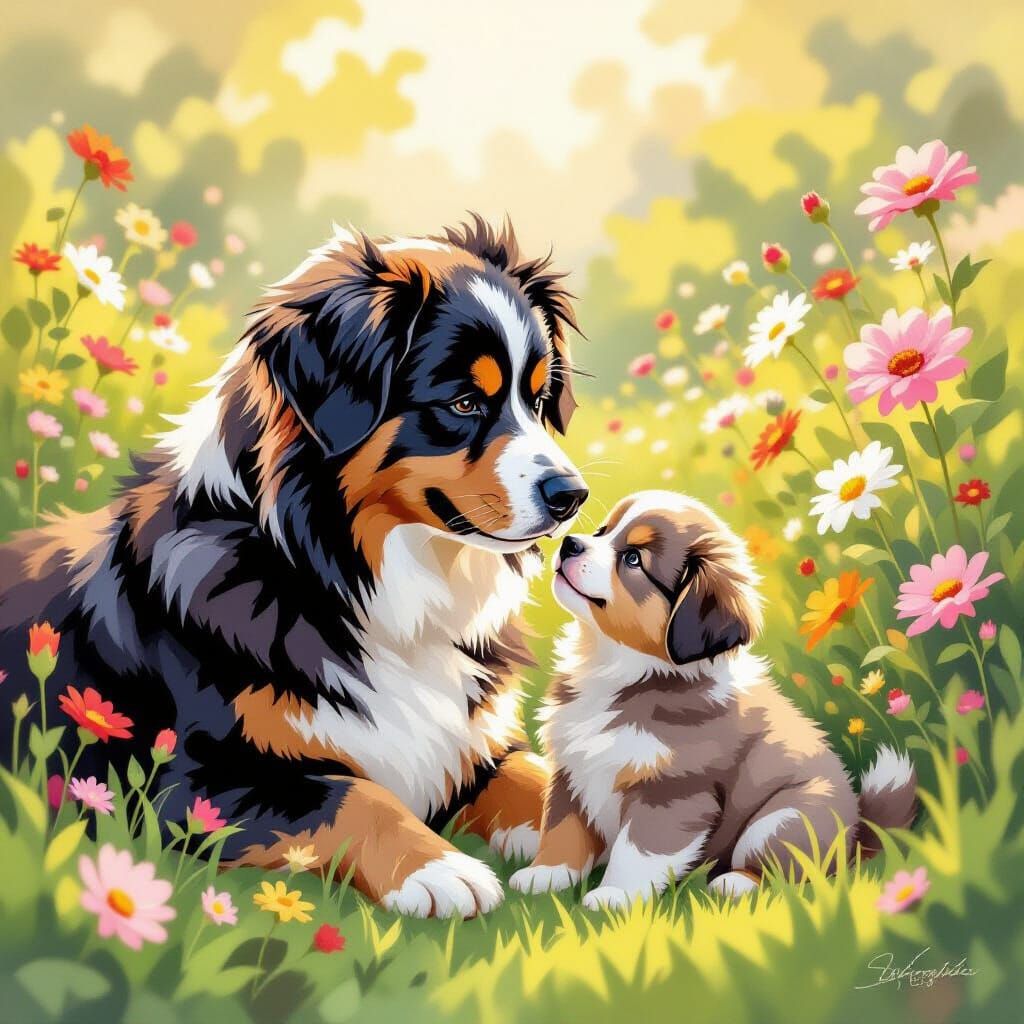 Heartwarming Berner Sennenhund Mother and Puppy in Pastel Ga...