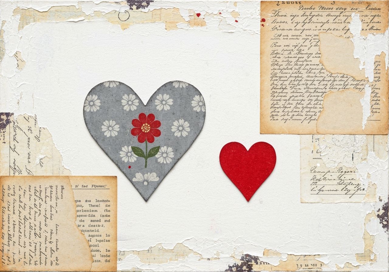 Mixed Media Collage: Two Hearts on Textured Background