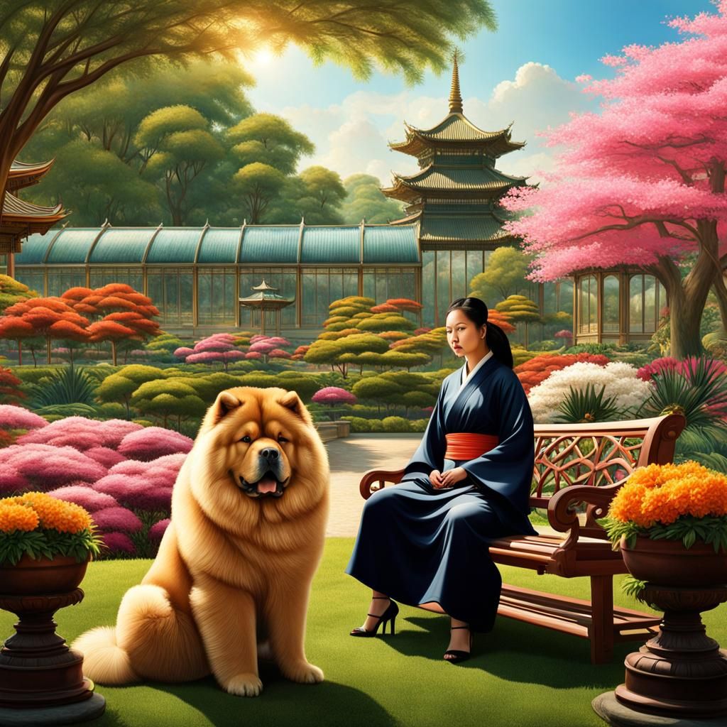 woman sitting on a bench and a chow chow in kew gardens,