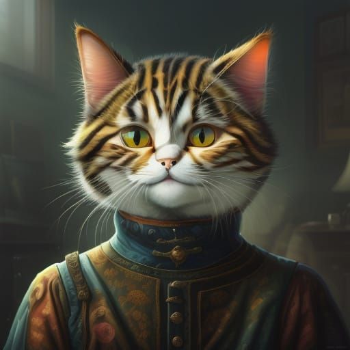 Vibrant Cartoon Cat Portrait in Hyperrealistic Style