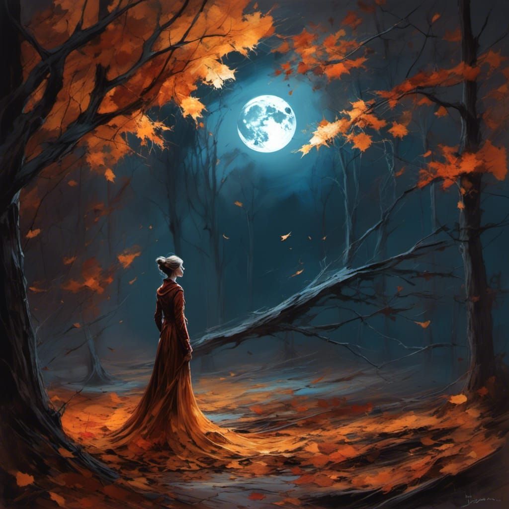 Moonlit Autumnal Scene with Hyperrealistic Details