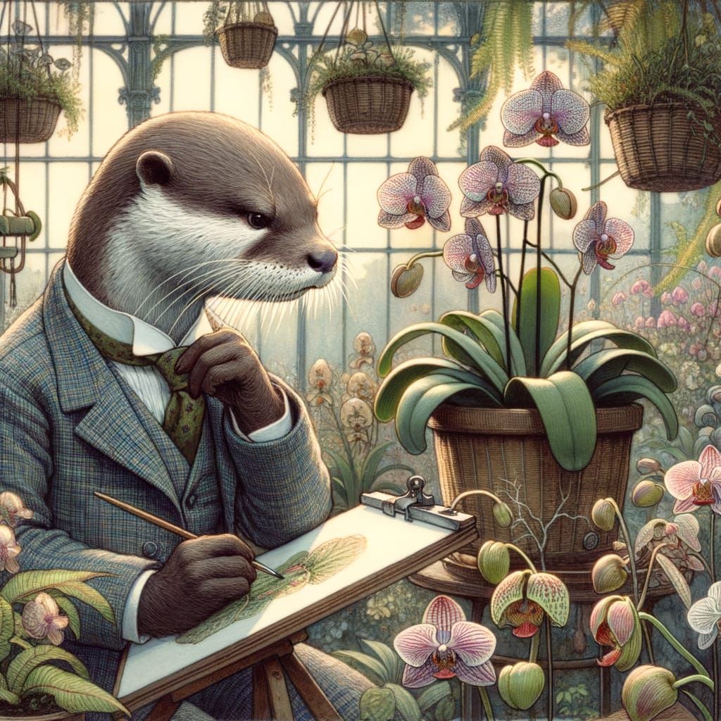 Otter Illustrator in Greenhouse, Victorian Watercolor Style