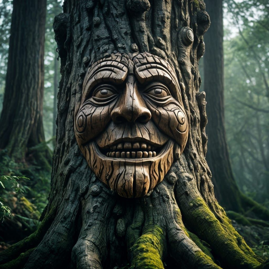 Laughing Faces Carved in Forest Tree