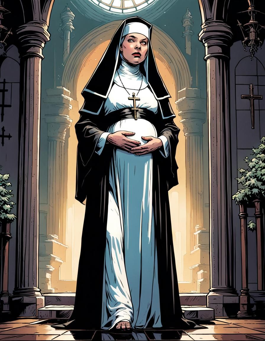 Pregnant Nun in Chapel: Comic Book Art