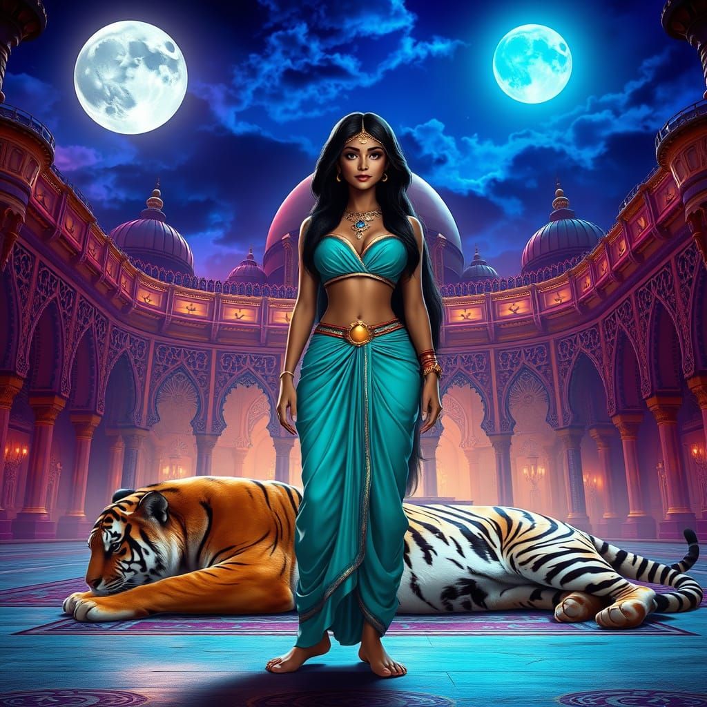 Jasmine in Arabian Palace with Tiger, Dark Fantasy Art