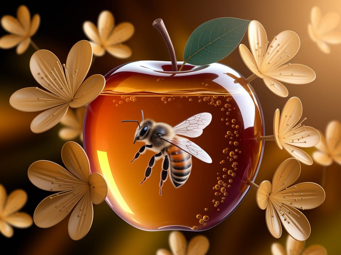 Golden Honeybee Amidst Vibrant Flowers Inside a Glowing Ambe...