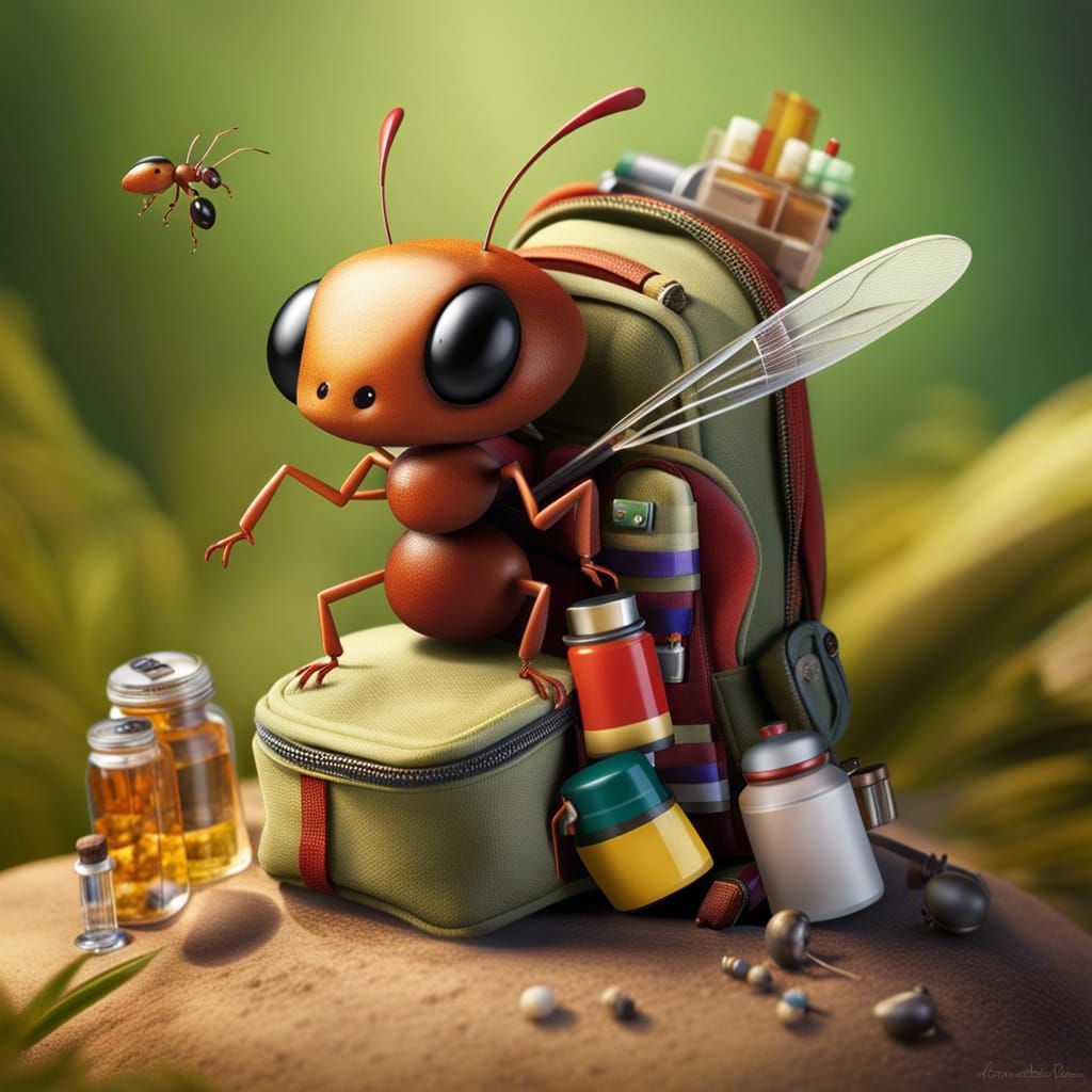 Ant's Heroic Journey with Backpack of Tiny Treasures