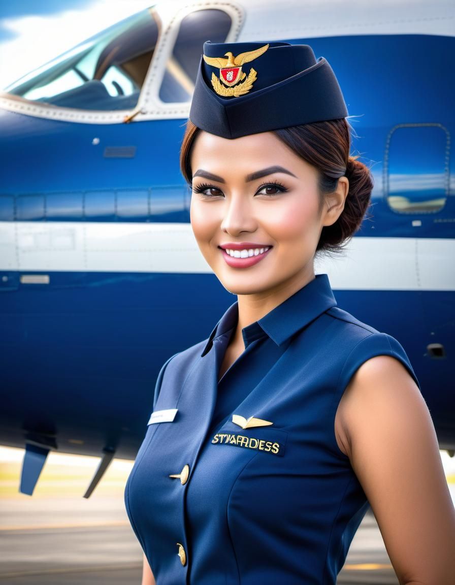 Indonesian Air Stewardess at Airplane Door, Detailed Photo