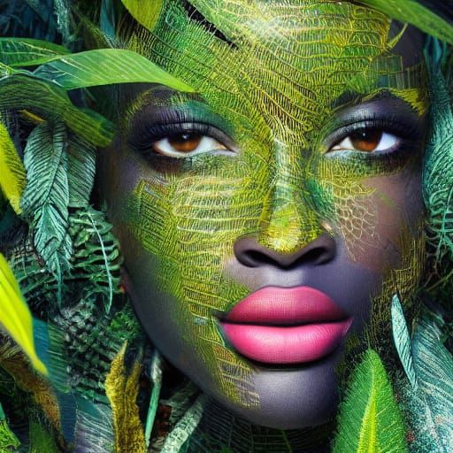 Surreal Black Woman in Lush Jungle Foliage