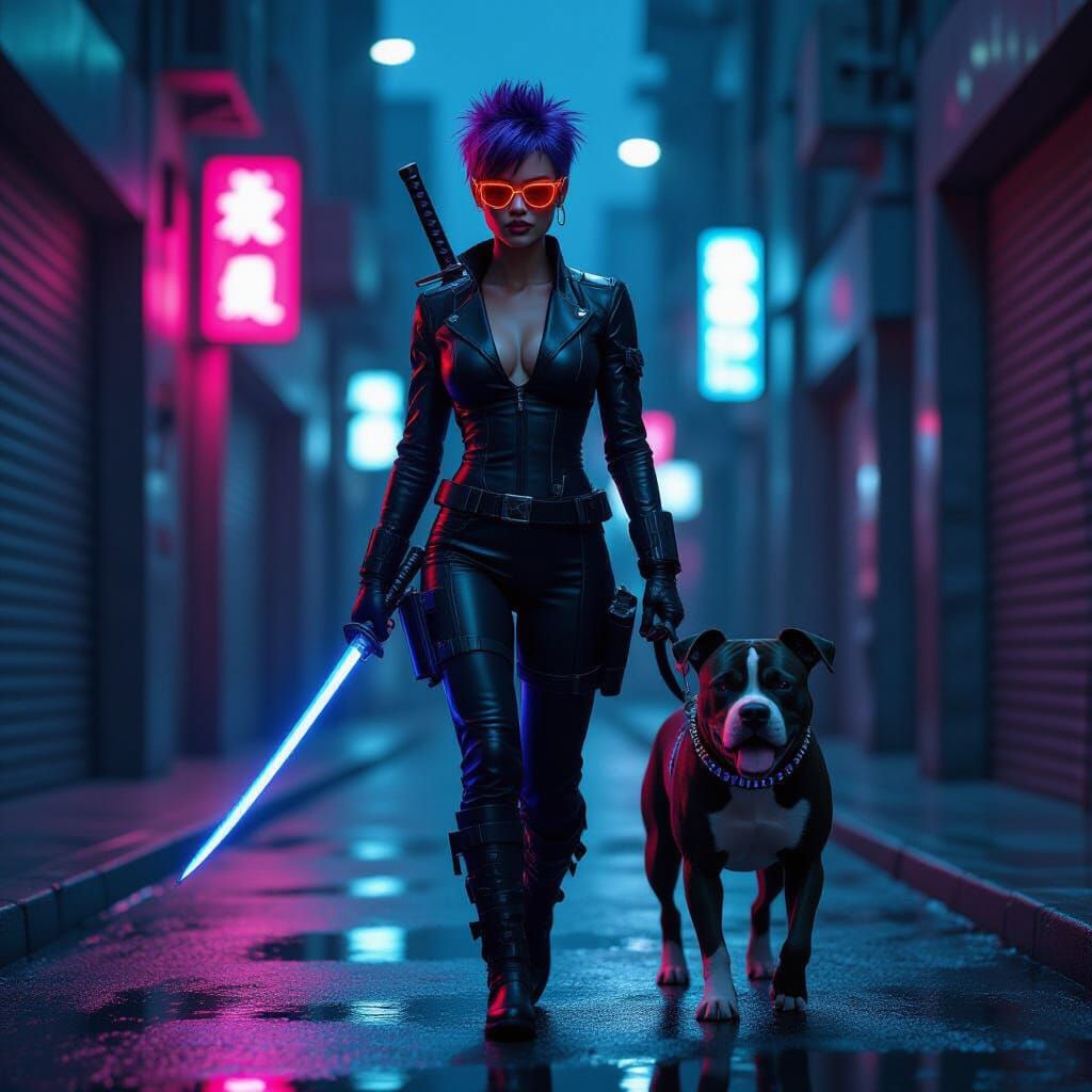 Cyberpunk Woman with Purple Hair and Pit Bull in Neon City