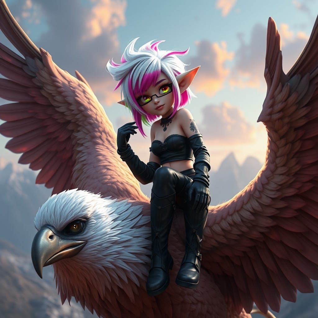 Cyberpunk Halfling Goddess on Majestic Griffon