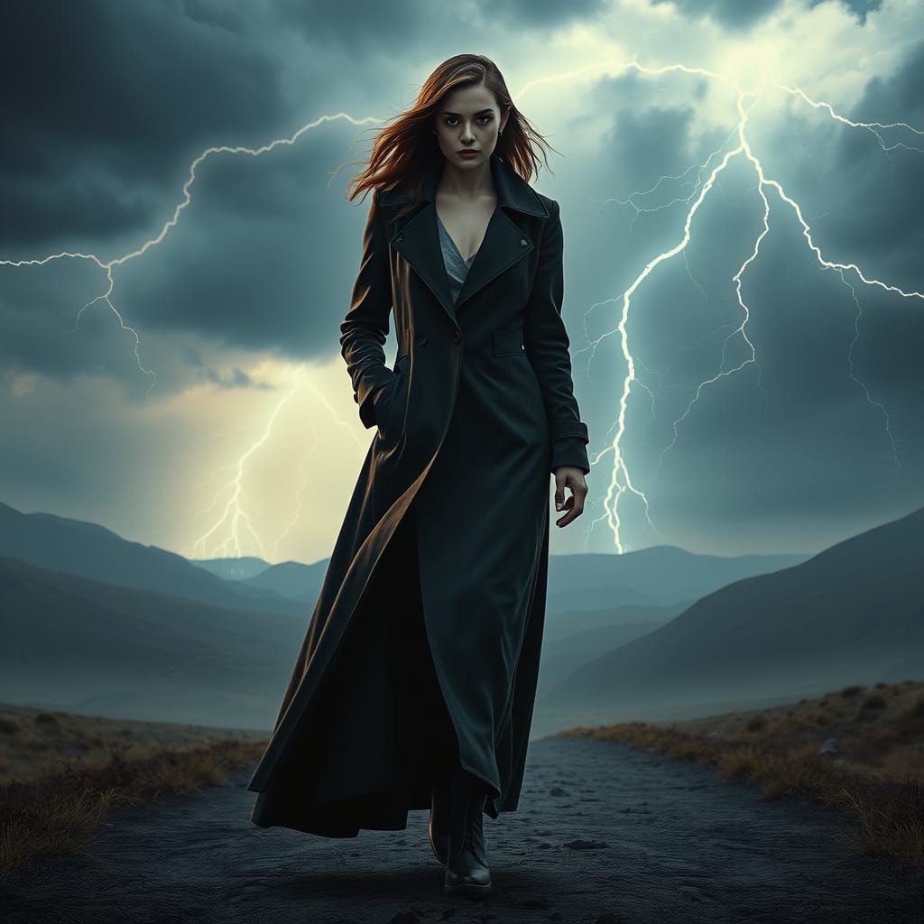 Woman Walks Through Stormy Dystopian Landscape