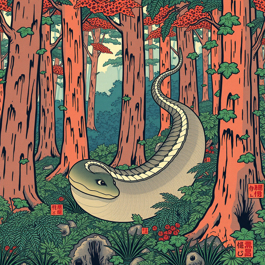 Mythical Serpent in Japanese Forest, Ukiyo-e Style