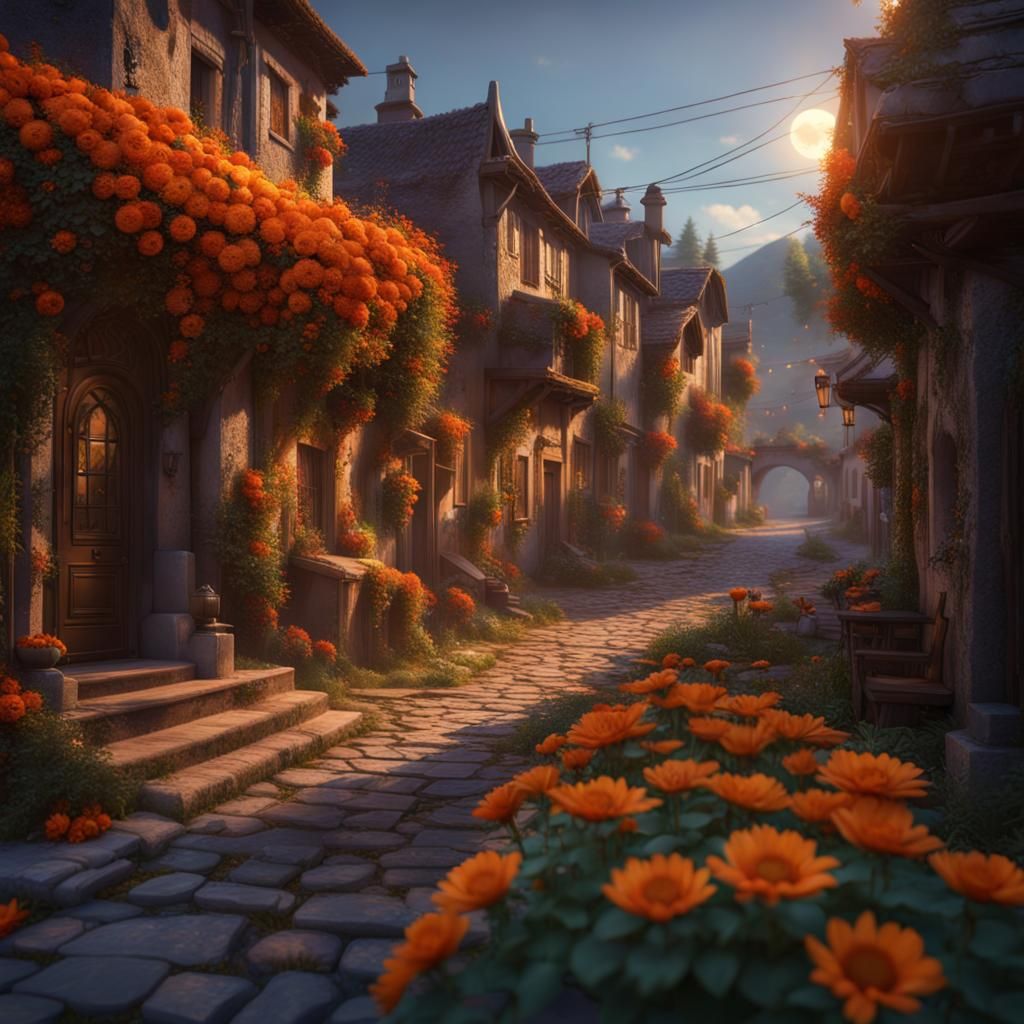 Surreal Village Street: Day and Night Flowers