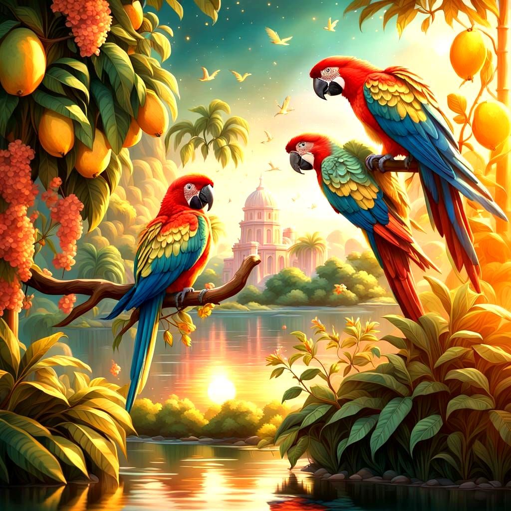 Colorful Lovebirds on Mango Tree with River Reflection