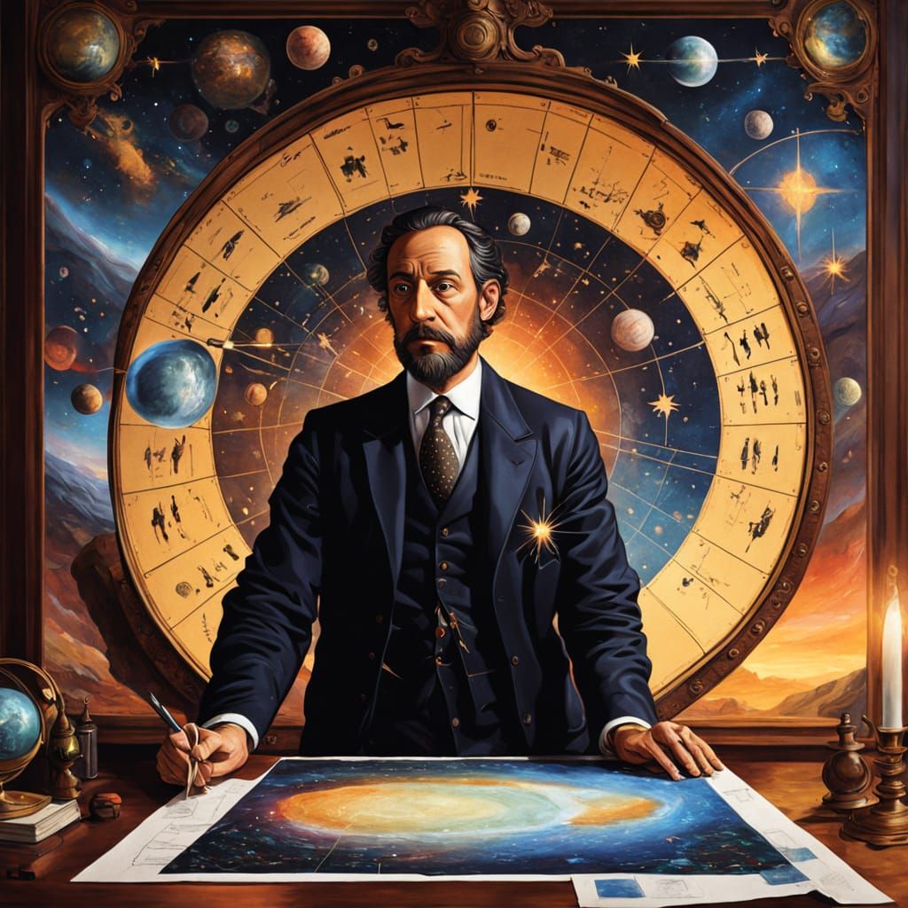 Celestial Cartographer Charts Cosmos as Oil Painting