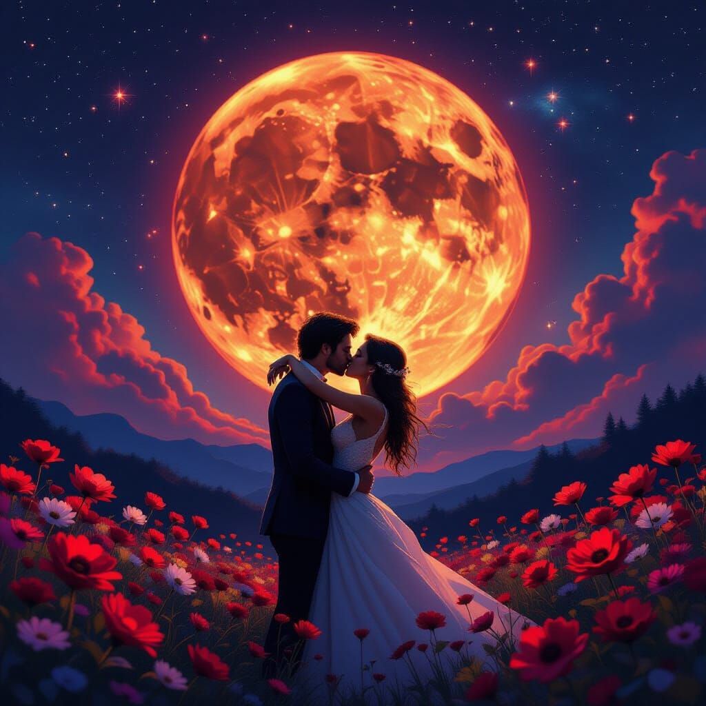 Couple Kissing Under Giant Blood Moon in Starry Galaxy