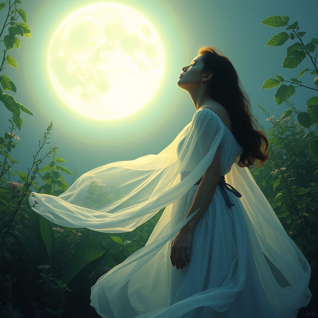 Ethereal Woman Gazing at the Moon
