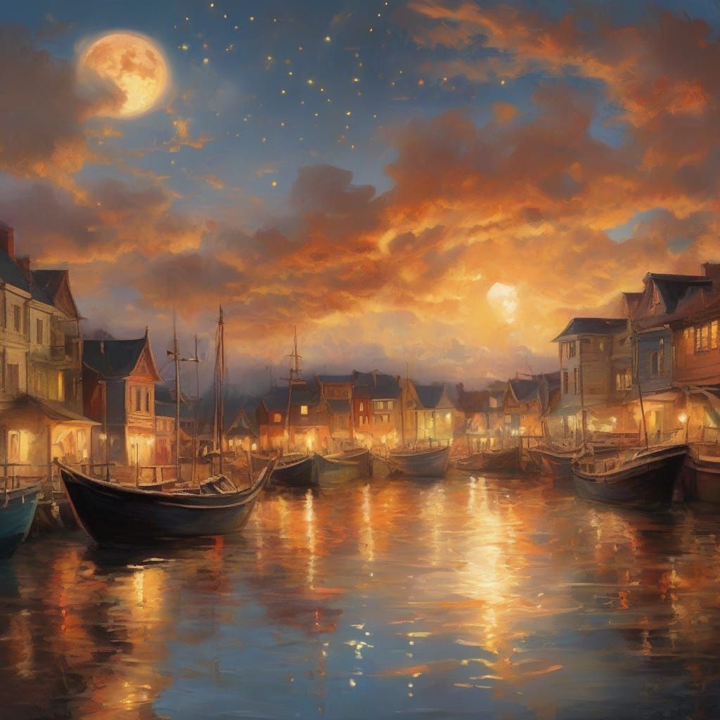 Surreal Golden Hour Fantasy Scene with Cosmic Harbor
