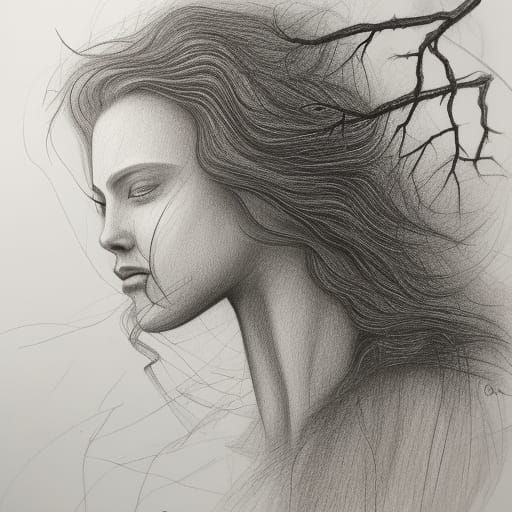 Tree Woman: Hyperdetailed Charcoal Drawing in Brutalist Styl...