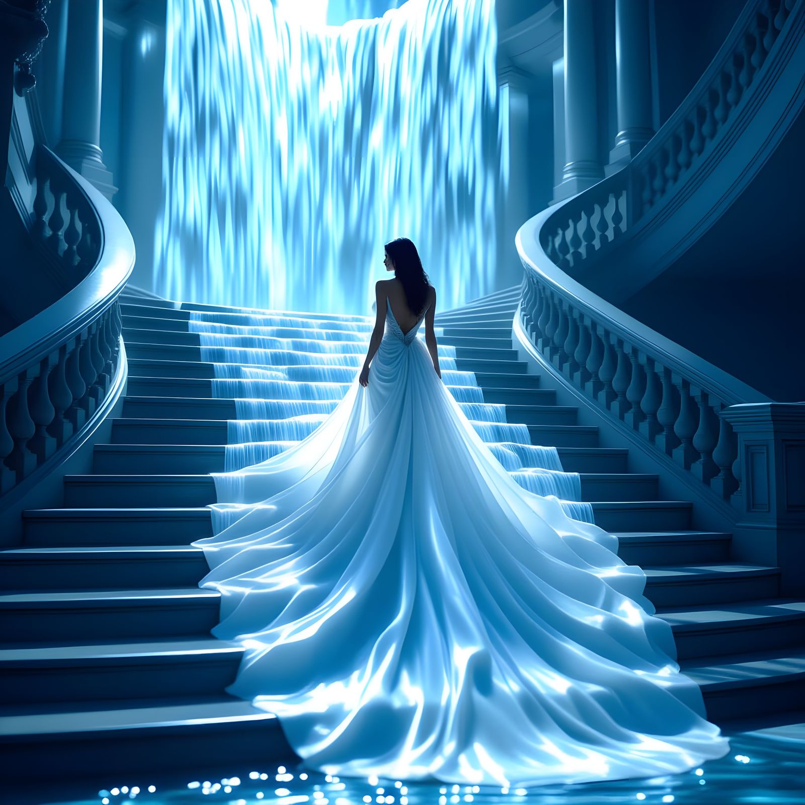 Woman in Waterfall Dress on Stone Steps