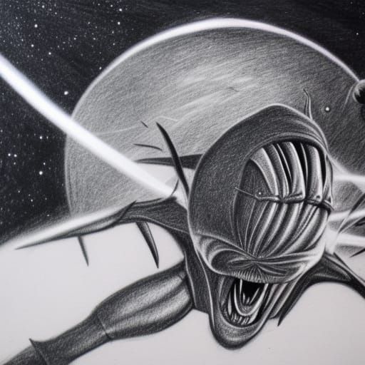 Lonely Alien Drifting in Space, Charcoal Drawing