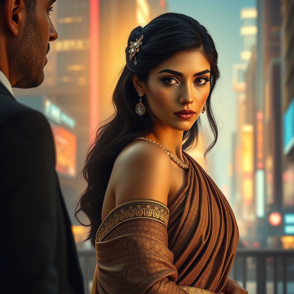 Elegant Greek Woman Influencing Decisions in Neo Cityscape