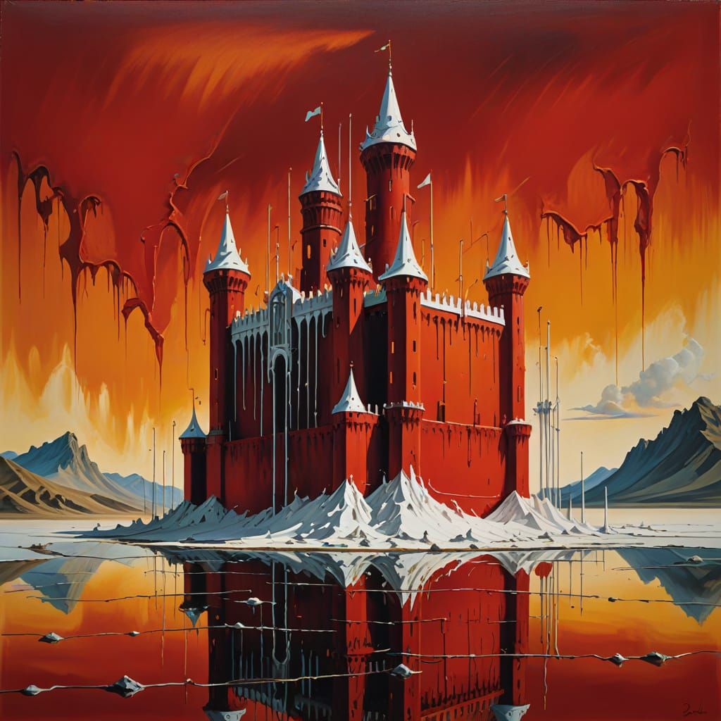 Surreal Red Castle Wall in Dreamlike Scenery