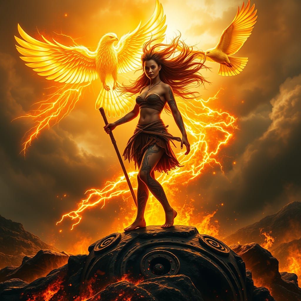 Māori Warrior with Fiery Phoenix and Hawk