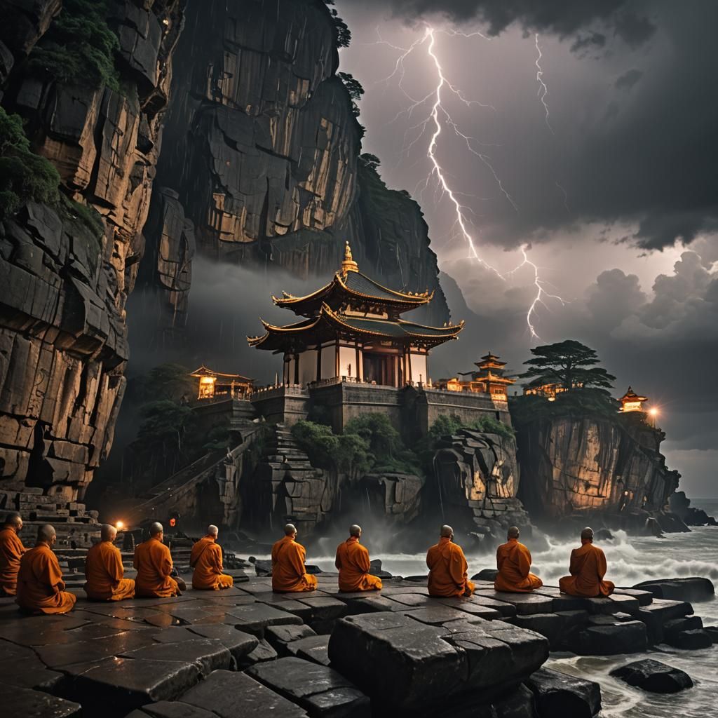 Monks Meditating in Tempestuous Temple on Stormy Night