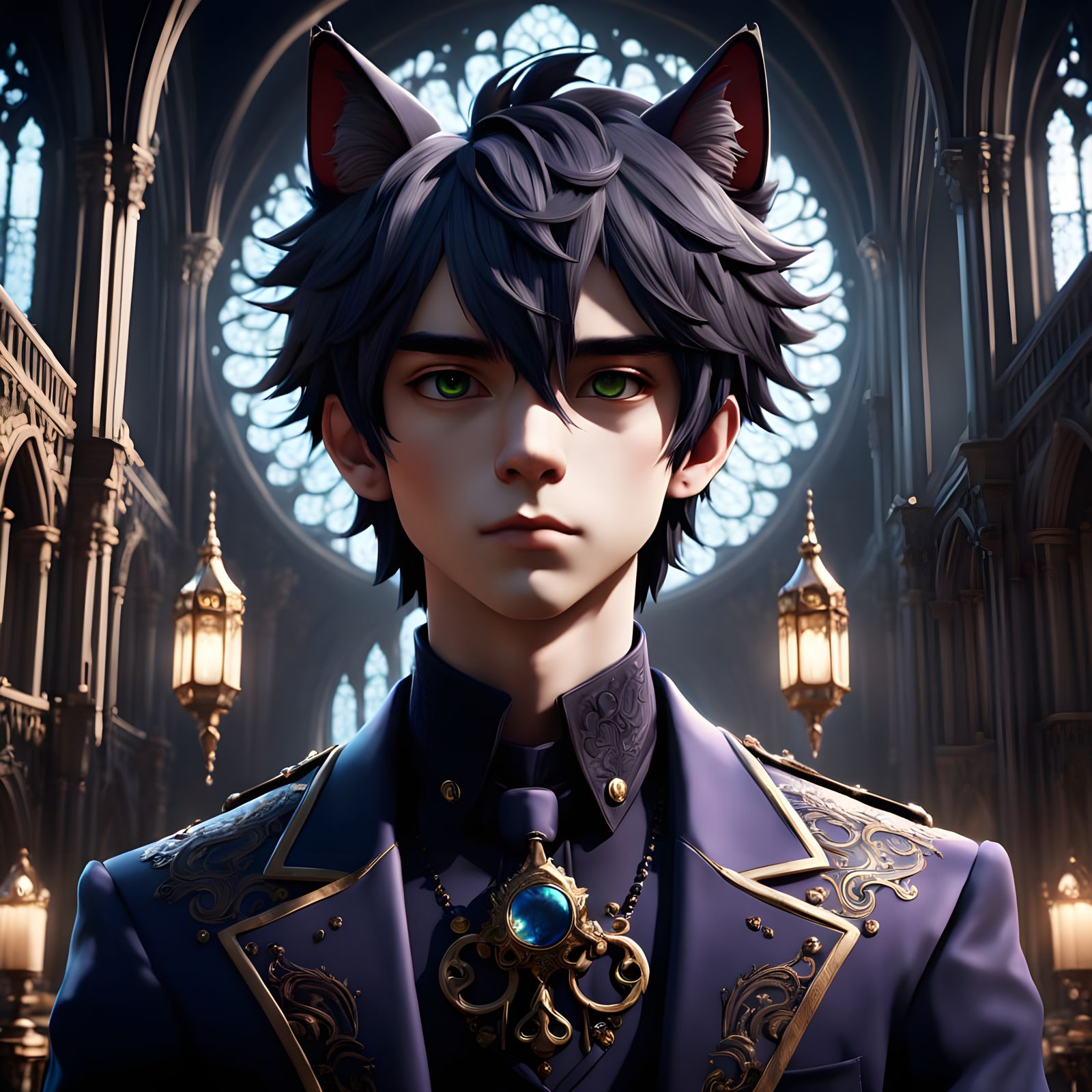 Ethereal Gothic Catboy in Dark Academia Splendor