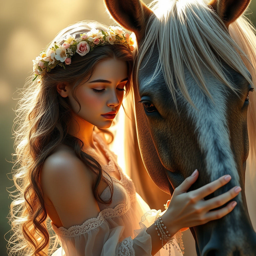 Mystical Flower Girl with Horse in Ethereal Light