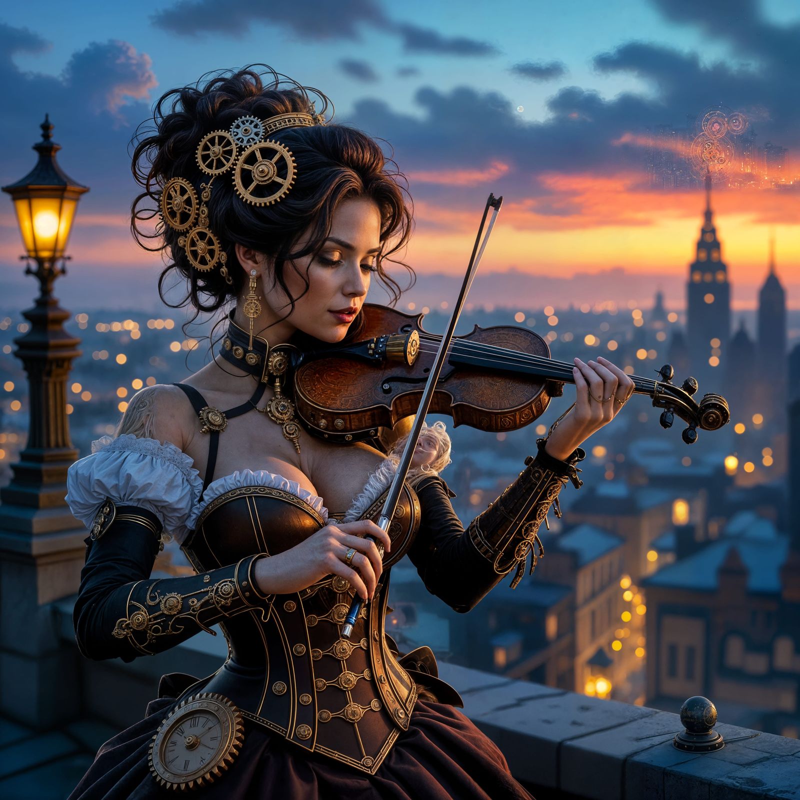 Steampunk Violinist on Rooftop Overlooking Retro-Futuristic ...