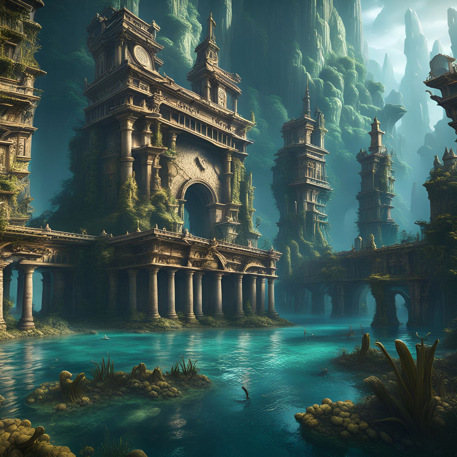 Detailed Matte Painting of Atlantis in Deep Color