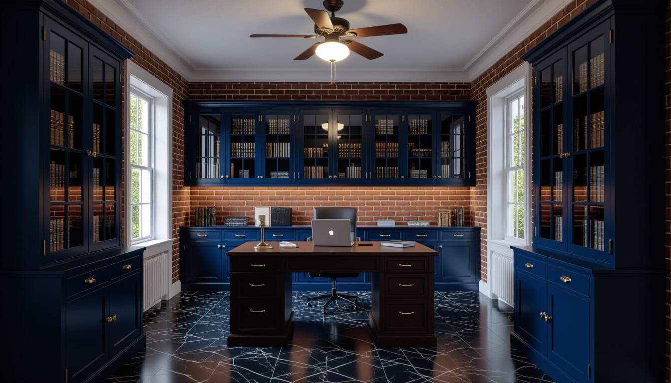 Vibrant Victorian Working Room with Dark Blue Cabinets