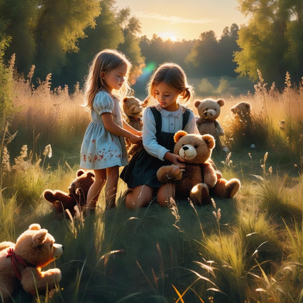 Girls Playing with Teddy Bears in Sunlit Meadow